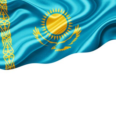 Metnin veya resimlerin için telif alanına sahip Kazakistan ipek bayrağı ve beyaz arkaplan-3 boyutlu illüstrasyon