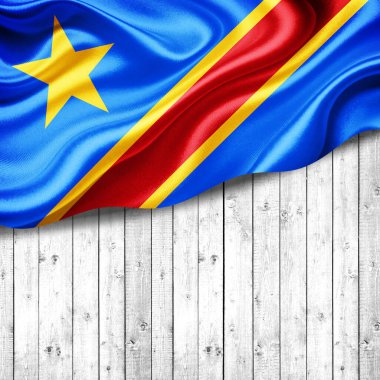 Kongo Demokratik Cumhuriyeti ipek bayrağı metin veya resimleriniz için telif alanı ve ahşap arkaplan 3 boyutlu illüstrasyon