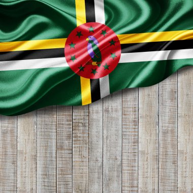  Metinleriniz veya resimleriniz ve ahşap arkaplan- 3 boyutlu illüstrasyonunuz için telif bayrağına sahip Dominica bayrağı