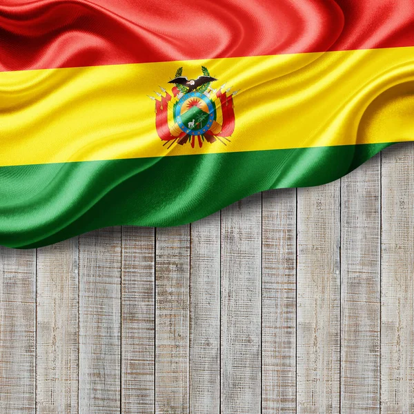 Флаг Боливии Шелка Копирайтом Текста Изображений Деревянной Фоновой Иллюстрацией — стоковое фото