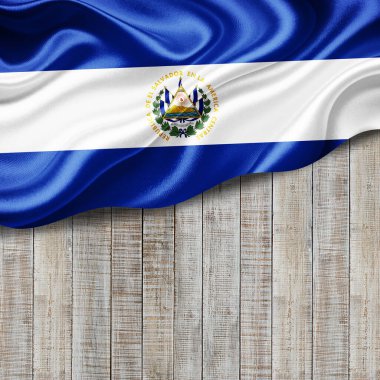 El Salvador ipek bayrağı metin veya resimleriniz için telif alanı ve ahşap arkaplan 3D illüstrasyon