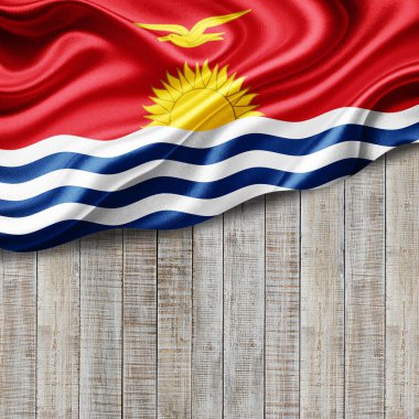 Metinleriniz veya resimleriniz ve ahşap arkaplan- 3 boyutlu illüstrasyonunuz için kopyalanmış ipeğin Kiribati bayrağı