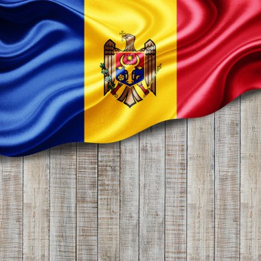 Metin veya resimleriniz için telif alanı ve ahşap arkaplan-3 boyutlu illüstrasyonla Moldova ipek bayrağı