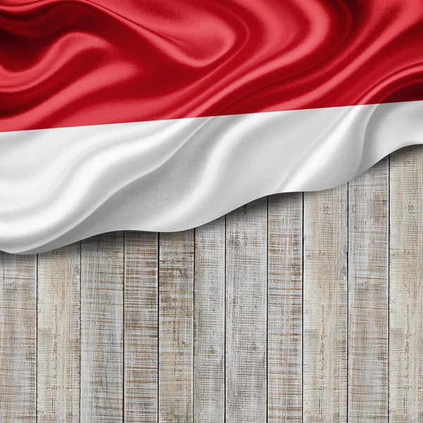 Indonesia Bandiera Seta Con Copyspace Tuo Testo Immagini Legno Sfondo — Foto Stock