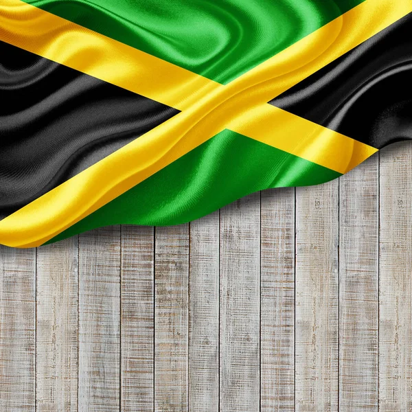 Bandiera Giamaica Seta Con Copyspace Tuo Testo Immagini Legno Sfondo — Foto Stock