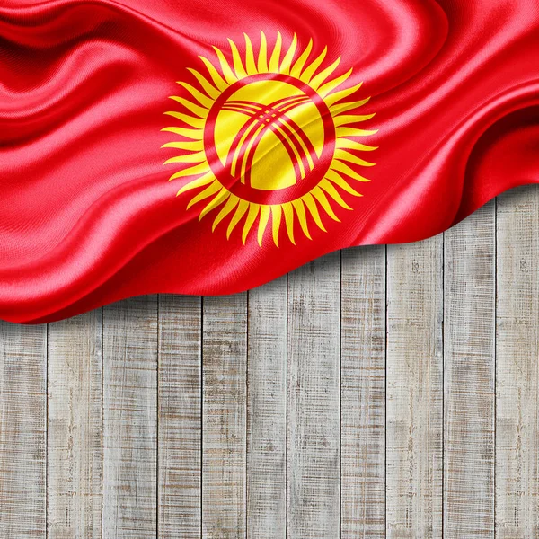 Kirgizië Vlag Van Zijde Met Copyspace Voor Tekst Afbeeldingen Hout — Stockfoto