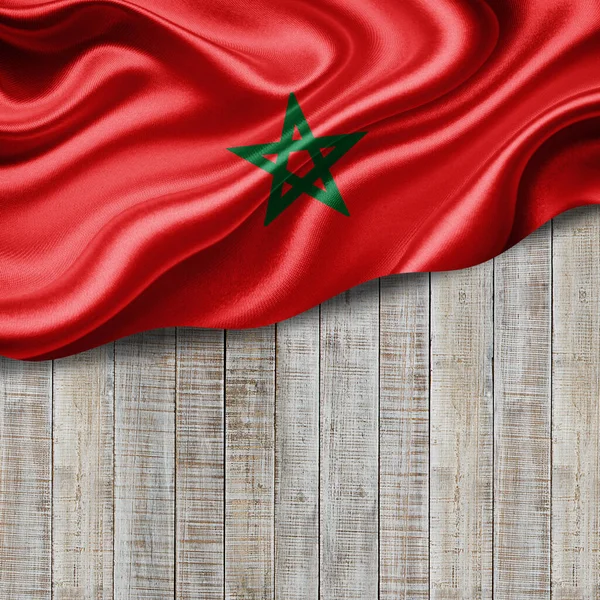 Metinleriniz ya da resimleriniz ve ahşap arkaplan- 3 boyutlu illüstrasyonunuz için kopyalanmış Fas ipeği bayrağı