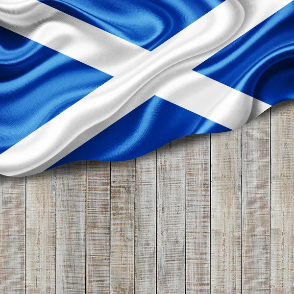 Scotland flag of silk with copyspace for your text or images and wood background-3D illustration