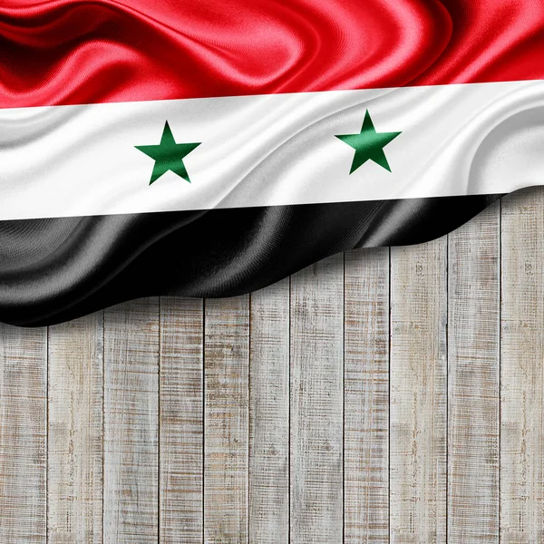 Bandiera Siria Seta Con Copyspace Tuo Testo Immagini Legno Sfondo — Foto Stock