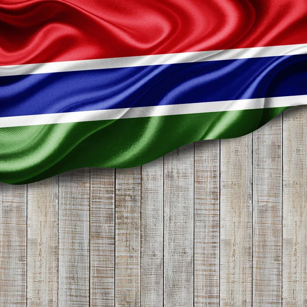 Bandiera Gambia Seta Con Copyspace Tuo Testo Immagini Legno Sfondo — Foto Stock