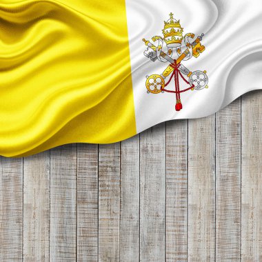 Vatikan İpek Bayrağı metin ya da resimleriniz için telif alanı ve ahşap arkaplan 3 boyutlu illüstrasyon