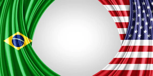  Brezilya ve Amerika ipek bayrağı metin veya resimleriniz için telif alanı ve beyaz arkaplan - 3D illüstrasyon 
