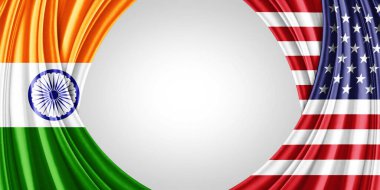 Hindistan ve Amerika ipek bayrağı metin veya resimleriniz için telif alanı ve beyaz arkaplan - 3D illüstrasyon