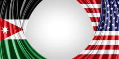 Ürdün ve Amerikan ipek bayrağı metin veya resimleriniz ve beyaz arkaplanınız için telif alanı - 3D illüstrasyon