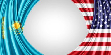 Kazakistan ve ipek Amerikan bayrağı metin veya resimleriniz ve beyaz arkaplanınız için telif alanı - 3D illüstrasyon