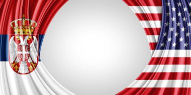 Sırbistan ve Amerika ipek bayrağı metin veya resimleriniz için telif alanı ve beyaz arkaplan - 3D illüstrasyon