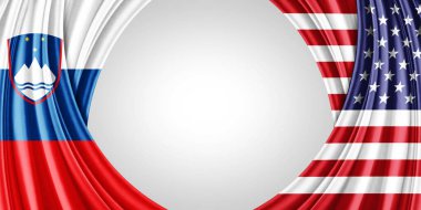 Slovenya ve Amerika ipek bayrağı metin veya resimleriniz için telif alanı ve beyaz arkaplan - 3D illüstrasyon