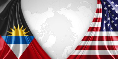 Metinleriniz, resimleriniz ve dünya haritası arkaplanınız için telif alanına sahip Antigua ve Amerikan bayrağı