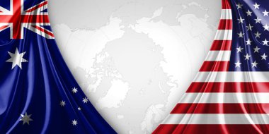 Metinleriniz, resimleriniz ve dünya haritası arkaplanınız için telif alanına sahip Avustralya ve Amerika ipek bayrağı