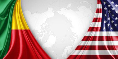 Metinleriniz, resimleriniz ve dünya haritası arkaplanınız için telif alanına sahip Benin ve Amerikan bayrağı