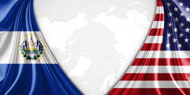 El Salvador ve ipek Amerikan bayrağı metin veya resimleriniz ve dünya haritası arkaplanınız için telif alanı