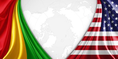 Metinleriniz, resimleriniz ve dünya haritası arkaplanınız için telif alanına sahip Gine ve Amerikan bayrağı