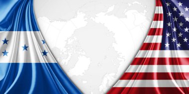Metin veya resimleriniz ve dünya haritası arkaplanınız için telif alanına sahip Honduras ve Amerikan bayrağı
