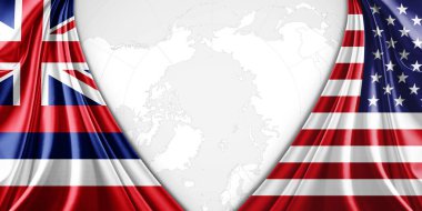 Hawaii ve Amerika ipek bayrağı metin veya resimleriniz ve dünya haritası arkaplanınız için telif alanı