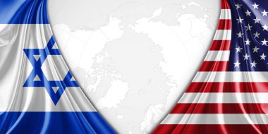 Metinleriniz, resimleriniz ve dünya haritası arkaplanınız için telif alanına sahip İsrail ve Amerikan bayrağı