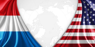 Metinleriniz, resimleriniz ve dünya haritası arkaplanınız için telif alanına sahip Lüksemburg ve Amerikan bayrağı