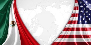 Meksika ve Amerika ipek bayrağı metin veya resimleriniz ve dünya haritası arkaplanınız için telif alanı