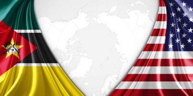 Metinleriniz, resimleriniz ve dünya haritası arkaplanınız için telif alanına sahip Mozambik ve Amerikan bayrağı