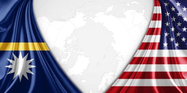 Metinleriniz, resimleriniz ve dünya haritası arkaplanınız için telif alanına sahip Nauru ve Amerikan bayrağı