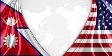Metinleriniz, resimleriniz ve dünya haritası arkaplanınız için telif alanına sahip Nepal ve Amerikan bayrağı