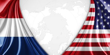 Metinleriniz, resimleriniz ve dünya haritası arkaplanınız için telif alanına sahip Hollanda ve Amerika ipek bayrağı