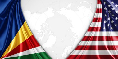 Metinleriniz, resimleriniz ve dünya haritası arkaplanınız için telif alanına sahip Seyşeller ve Amerikan bayrağı