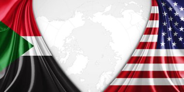 Metinleriniz, resimleriniz ve dünya haritası arkaplanınız için telif alanına sahip Sudan ve Amerikan bayrağı