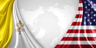 Vatikan Şehri ve Amerika ipeği bayrağı metin veya resimleriniz ve dünya haritası arkaplanınız için telif alanı