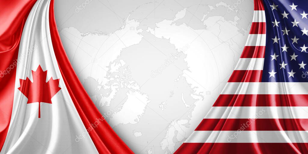 Canada and American flag of silk with copyspace for your text or images and world map background