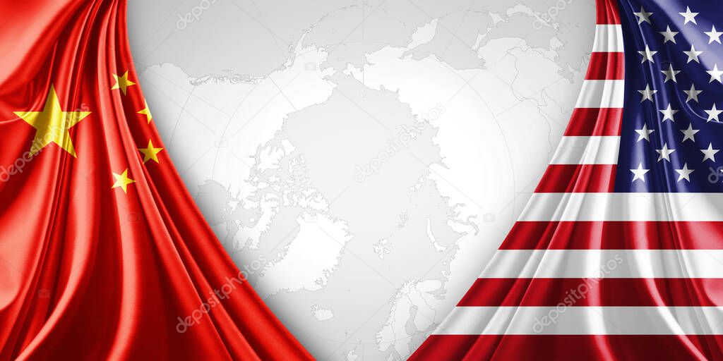 China and American flag of silk with copyspace for your text or images and world map background