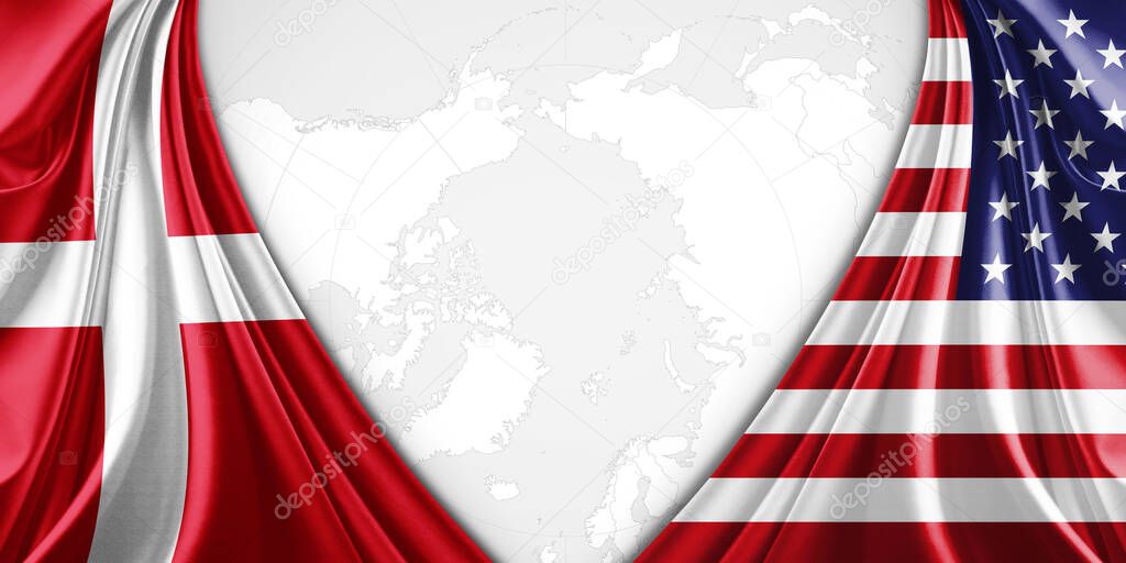 Denmark and American flag of silk with copyspace for your text or images and world map background