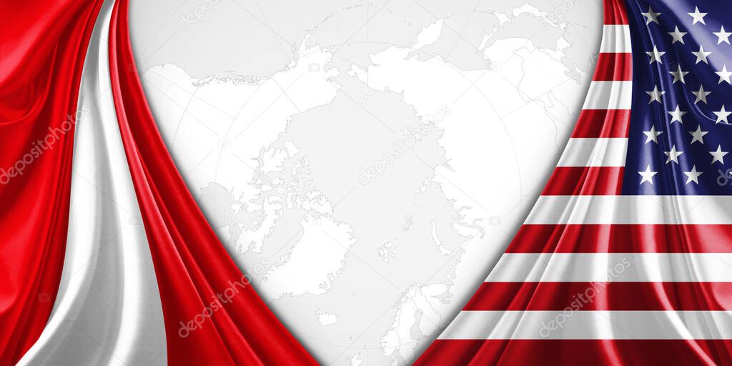 Peru and American flag of silk with copyspace for your text or images and world map background