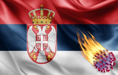 Sırbistan 'ın koronavirüslü gerçekçi bayrağı, 3 boyutlu illüstrasyon