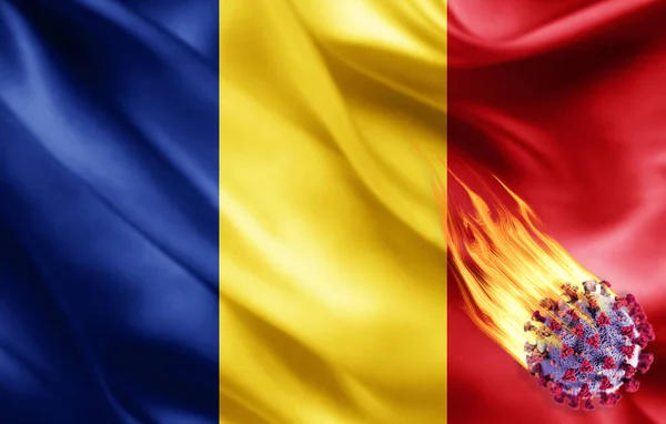 コロナウイルスによるルーマニアの現実的な旗3Dイラスト — ストック写真