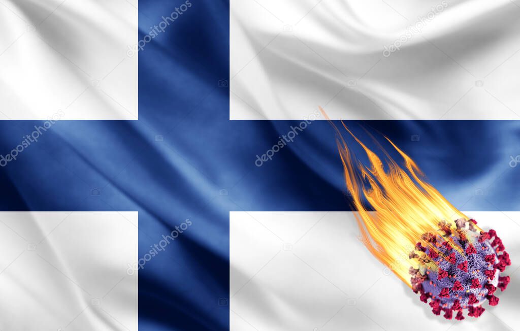 realistic flag of Finland with coronavirus, 3d illustration