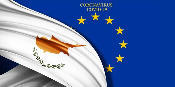 Cyprus flag of silk with text coronavirus covid-19 and Europe flag background