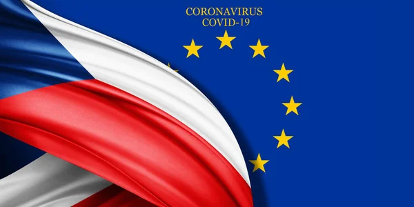 Флаг Чехии Шелка Текстом Coronavirus Covid Фоне Европейского Флага — стоковое фото