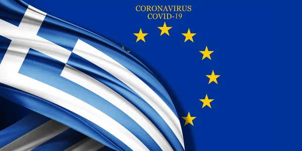 Greece flag of silk with text coronavirus covid-19 and Europe flag background