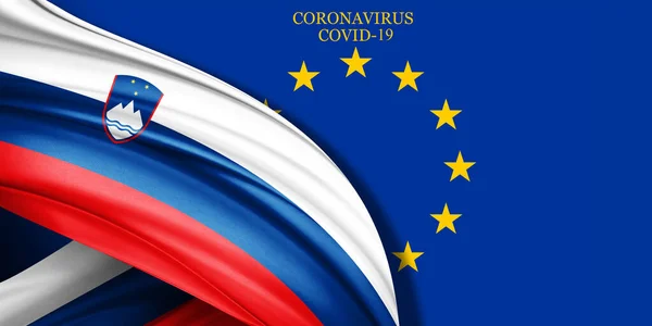 Slovenia flag of silk with text coronavirus covid-19 and Europe flag background