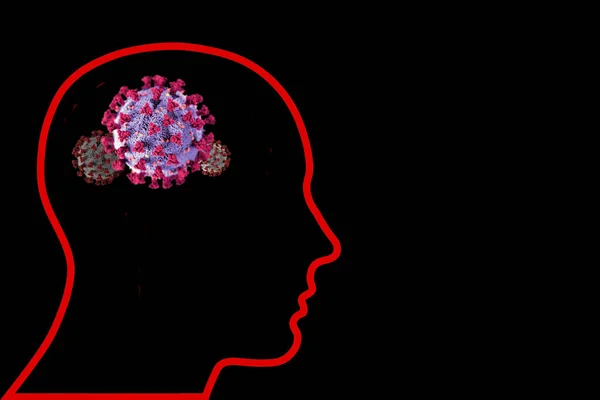 human head silhouette with viruses in brain